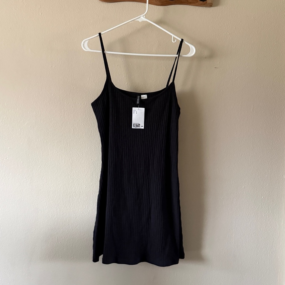 H&M Black Ribbed Spaghetti Strap Mini Dress NWT Size M 90s Minimalist